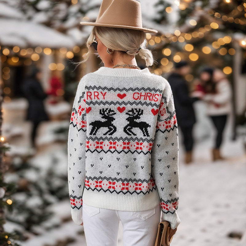 Women's knitted long sleeved pullover round neck Christmas sweater