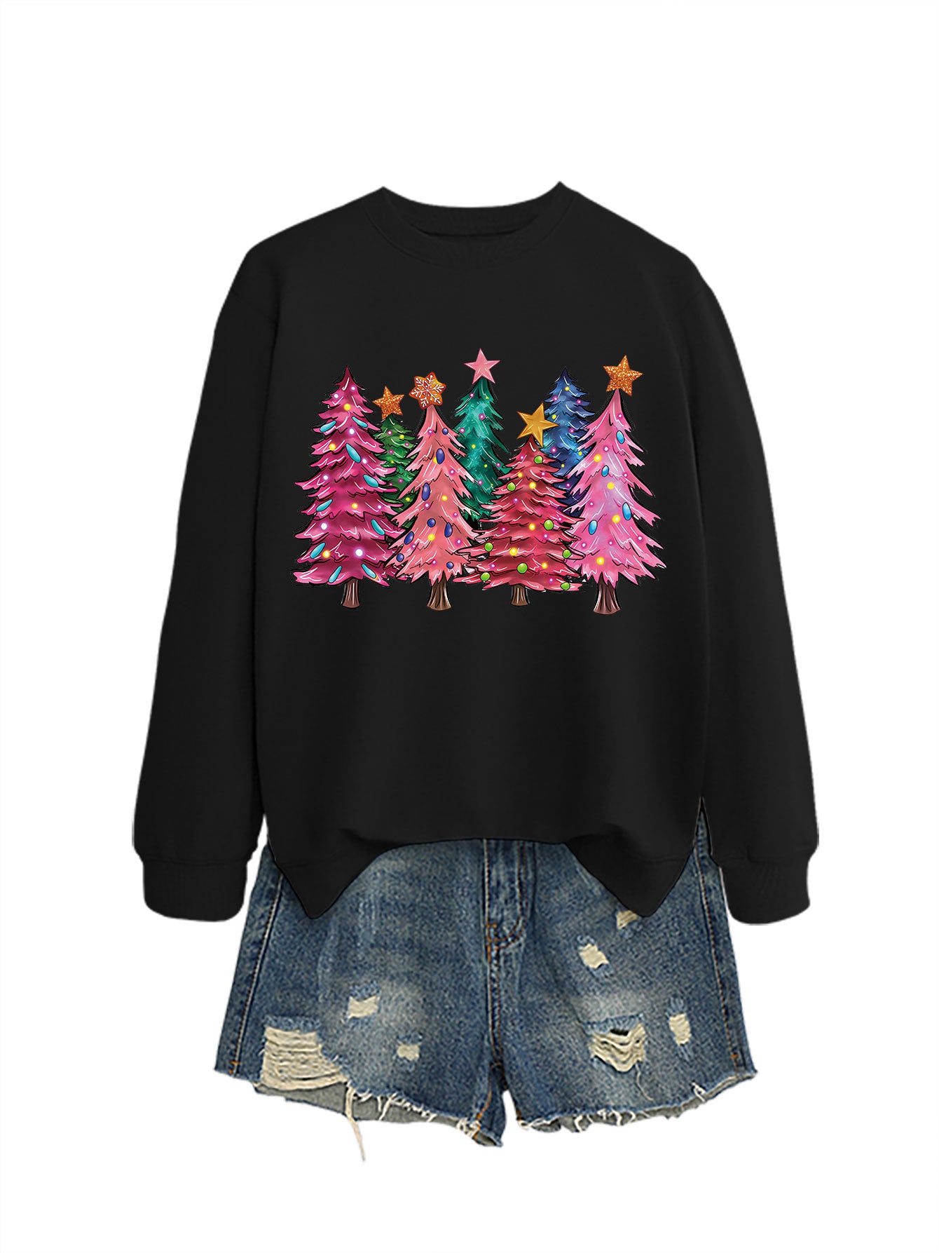 Seven Pink Christmas Trees Autumn/Winter Round Neck Hoodie