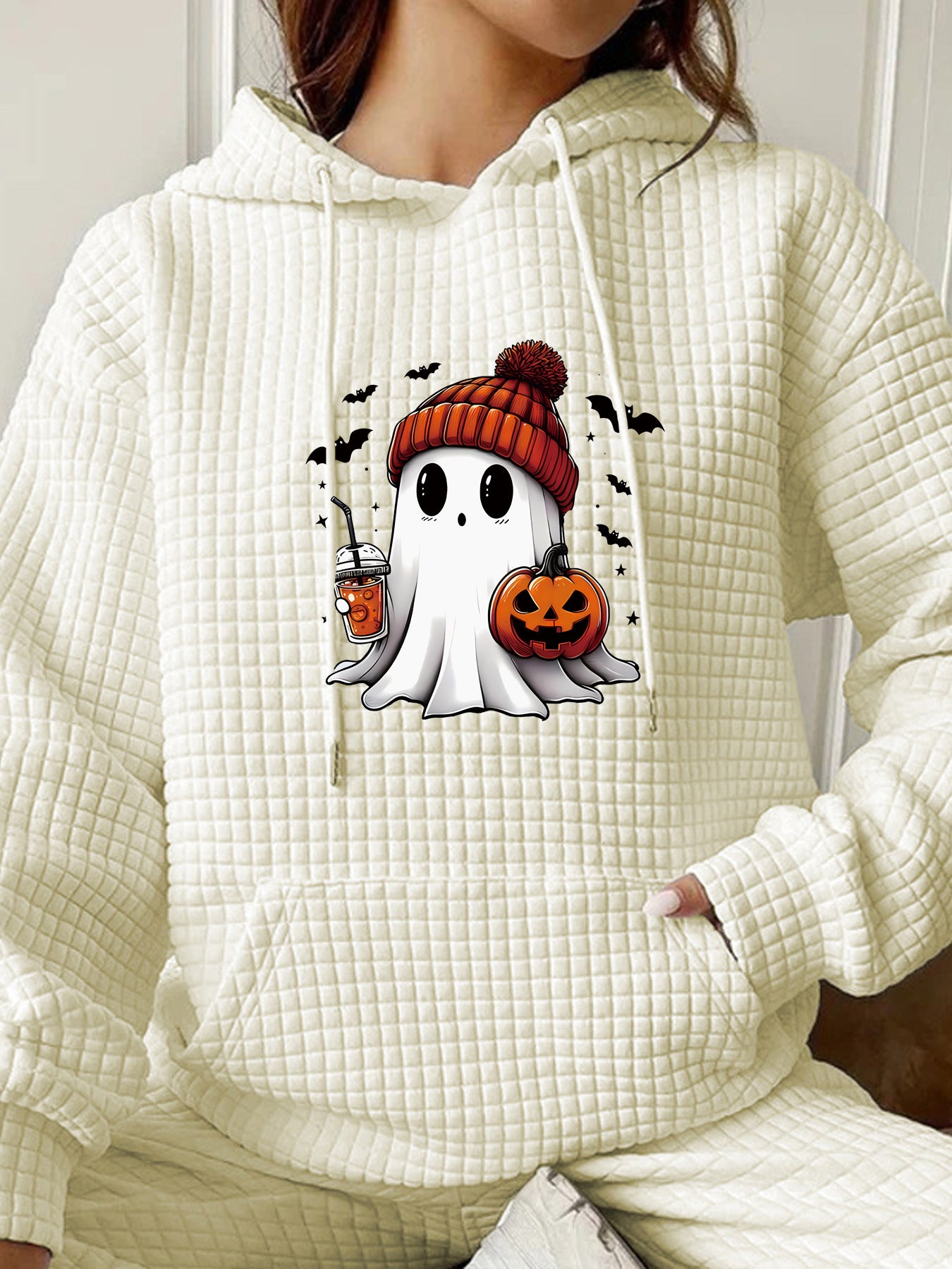 Waffle hooded long sleeved Halloween printed hoodie