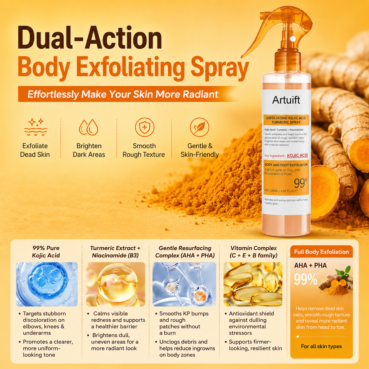 Artuift Keratin Turmeric Spray |✨ Spray. Rub. Watch Dead Skin Away. Reveal Smoother, Brighter Skin With Turmeric + Kojic Acid Power