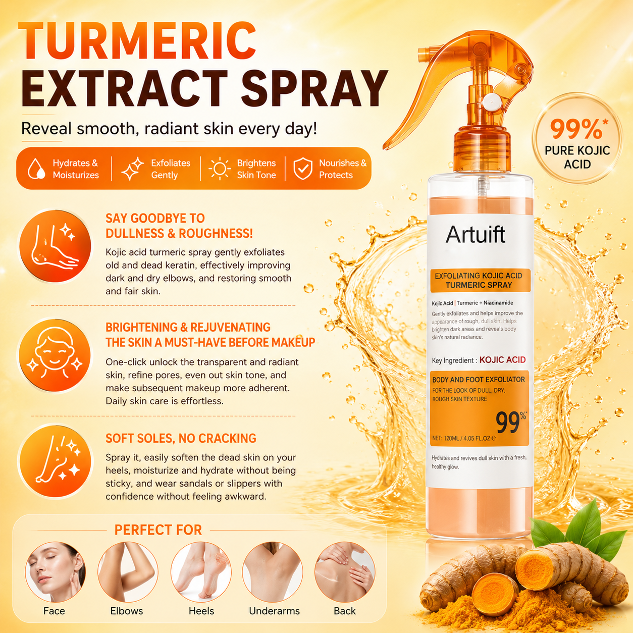 Artuift Keratin Turmeric Spray |✨ Spray. Rub. Watch Dead Skin Away. Reveal Smoother, Brighter Skin With Turmeric + Kojic Acid Power