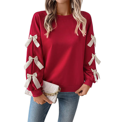 Round neck bow red Christmas hoodie for women