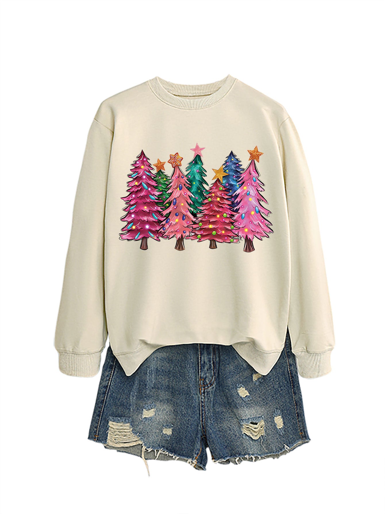 Seven Pink Christmas Trees Autumn/Winter Round Neck Hoodie