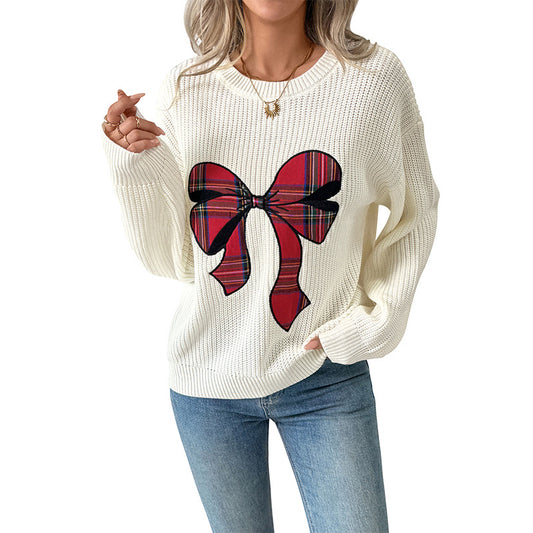 Christmas bow plaid embroidered round neck sweater for women