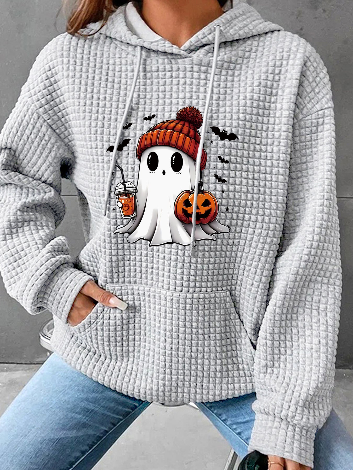 Waffle hooded long sleeved Halloween printed hoodie