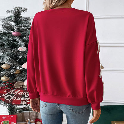 Round neck bow red Christmas hoodie for women