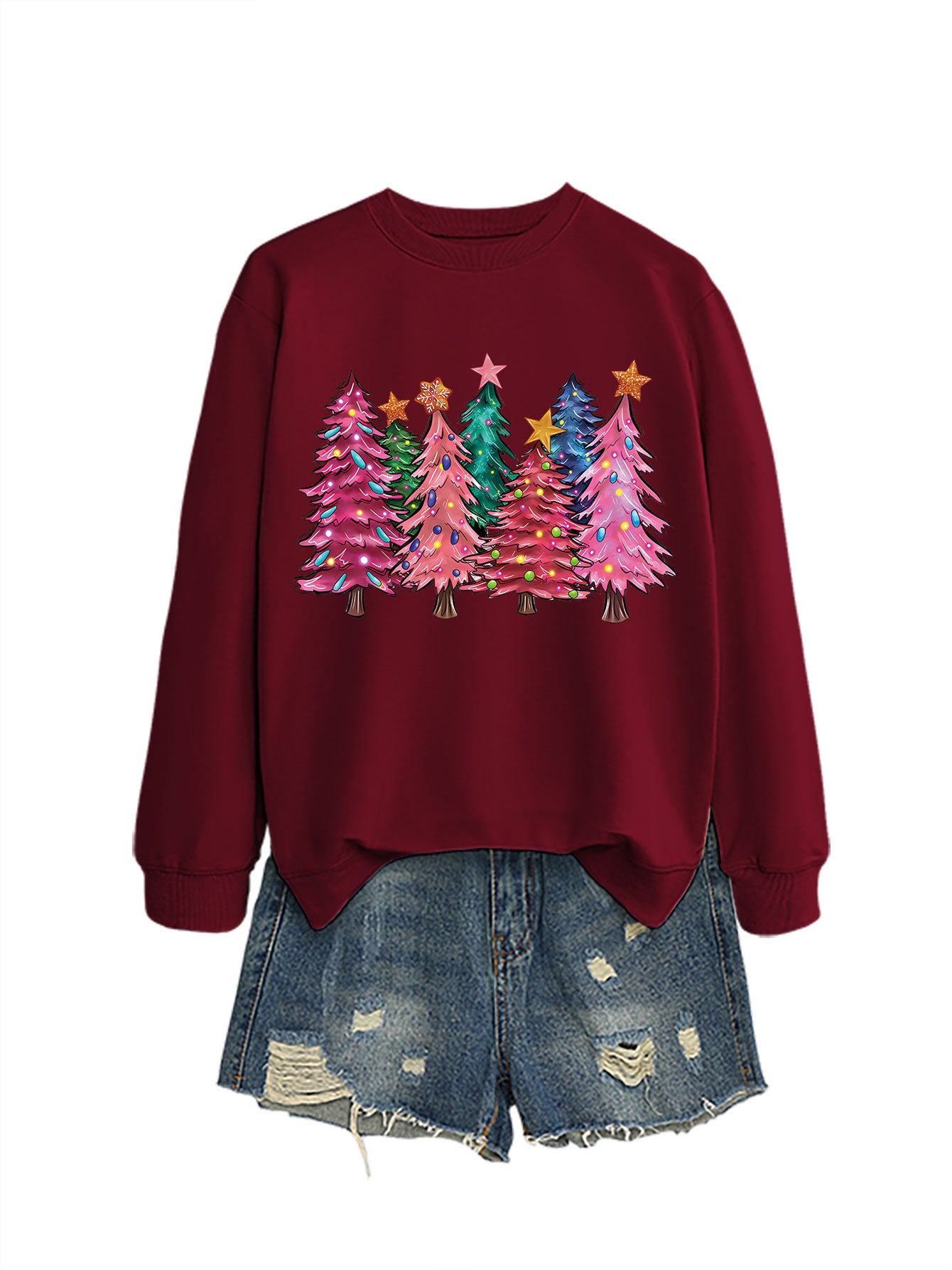 Seven Pink Christmas Trees Autumn/Winter Round Neck Hoodie