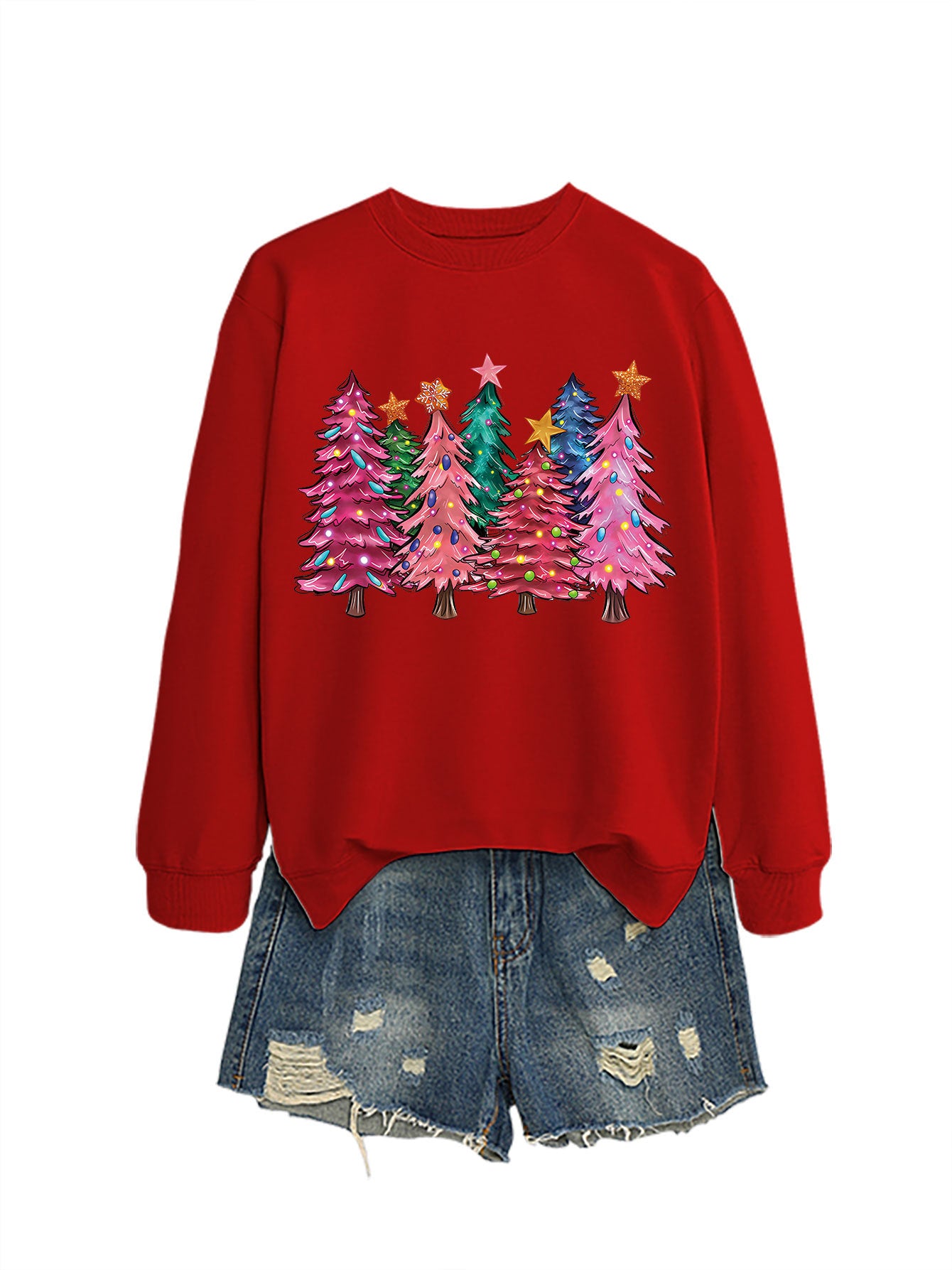 Seven Pink Christmas Trees Autumn/Winter Round Neck Hoodie