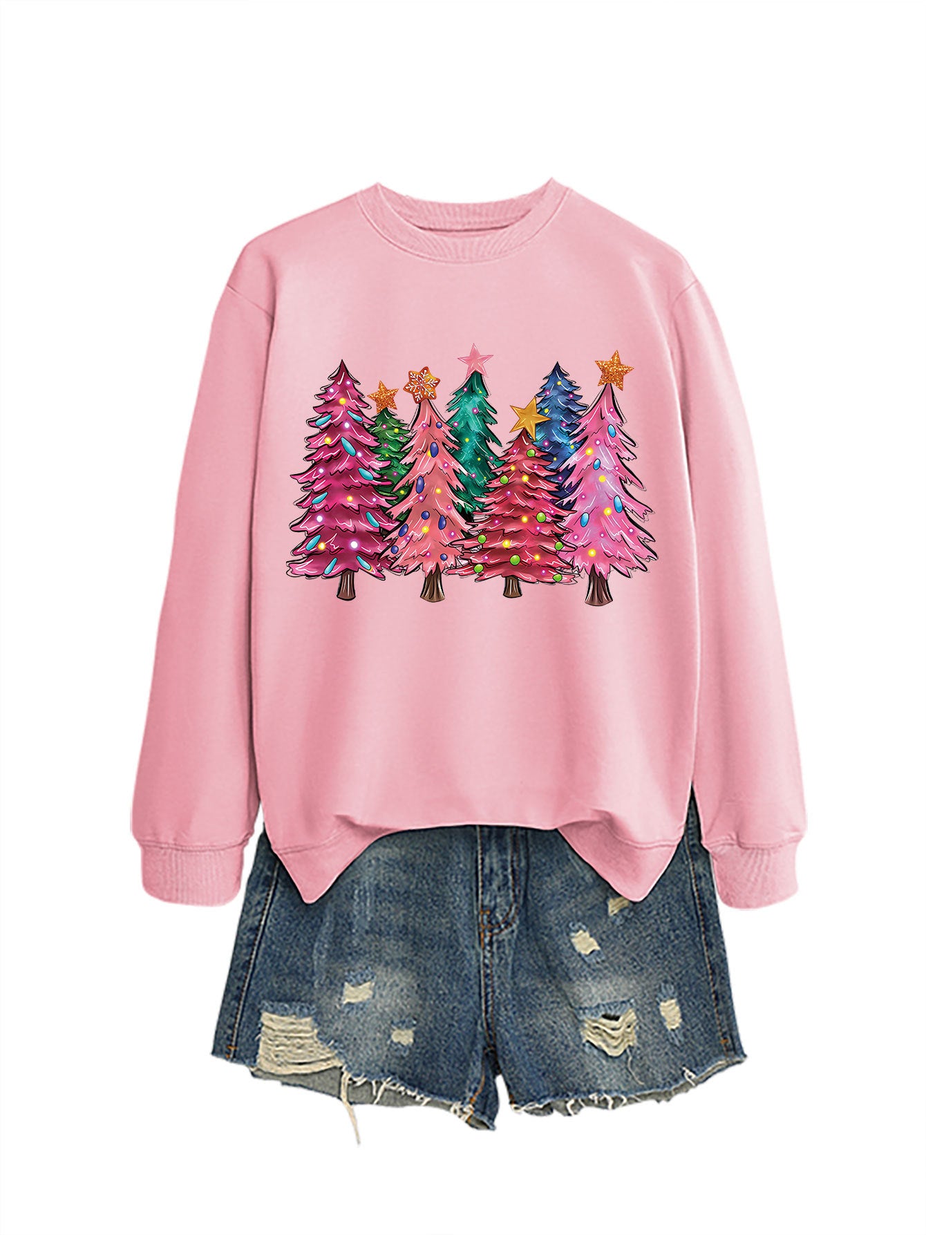Seven Pink Christmas Trees Autumn/Winter Round Neck Hoodie
