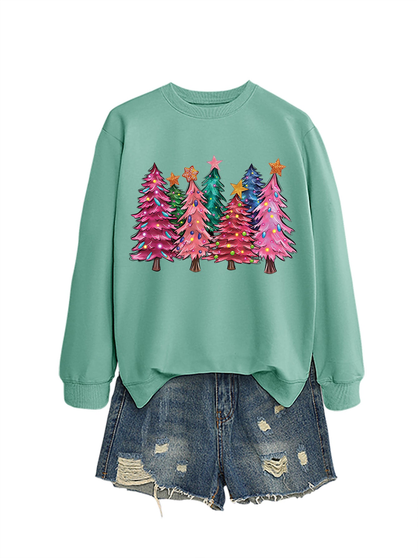 Seven Pink Christmas Trees Autumn/Winter Round Neck Hoodie