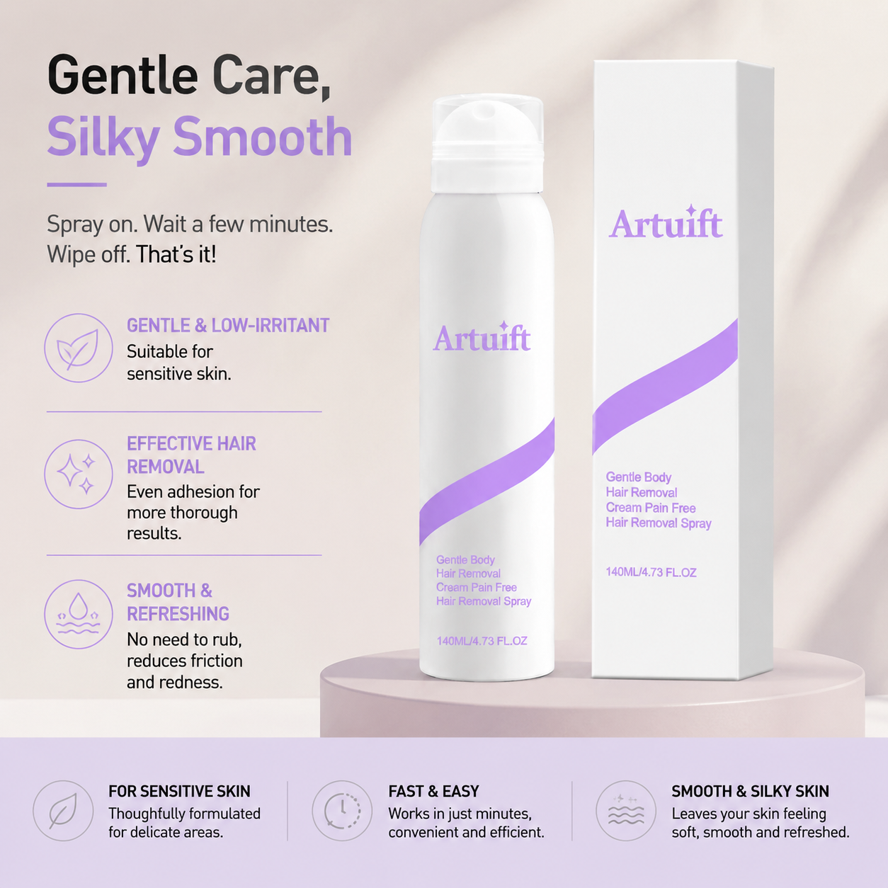 🔥(Buy 2 get 1 free)Artuift Spray Hair Removal Mousse for Sensitive Skin | Fast & Gentle Depilatory with Aloe Vera & Hyaluronic Acid for Smooth, Silky Skin