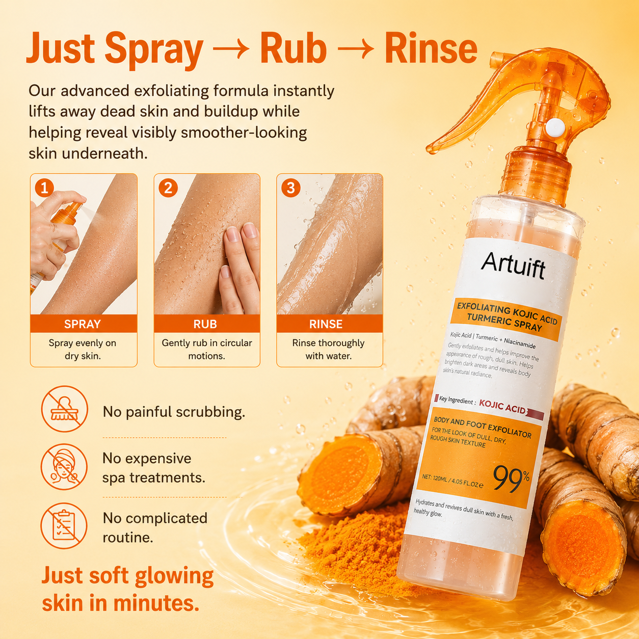 Artuift Keratin Turmeric Spray |✨ Spray. Rub. Watch Dead Skin Away. Reveal Smoother, Brighter Skin With Turmeric + Kojic Acid Power